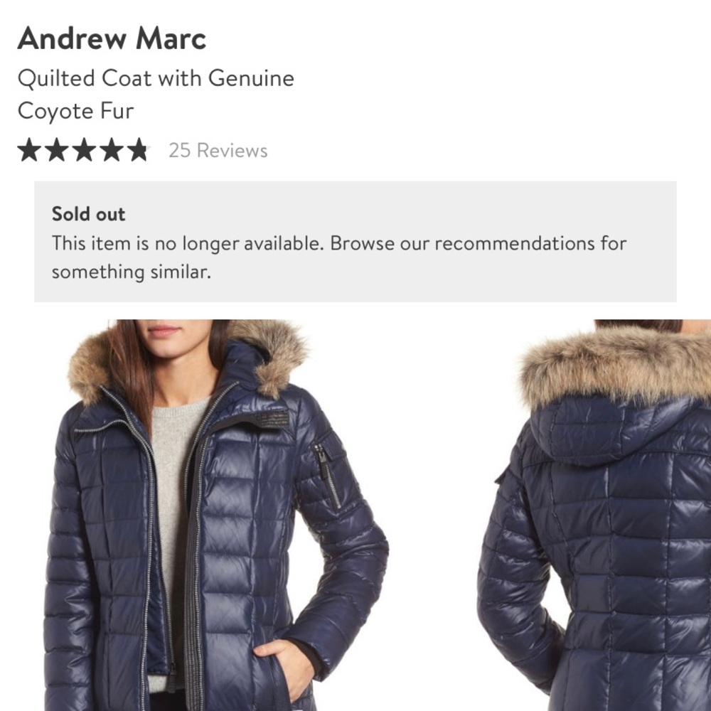 Andrew Marc navy blue quilted coat with genuine coyote fur, medium!